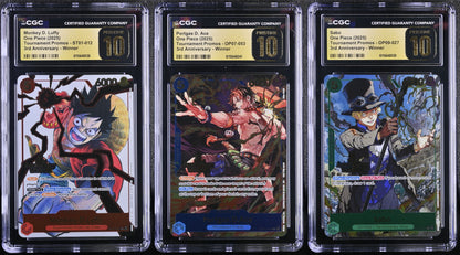 One Piece TCG: 3rd Anniversary Winner Promo Trio (Luffy ST01-012, Ace OP07-053, Sabo OP09-027) – CGC 10 Pristine Set