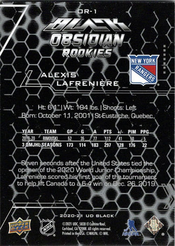 2020-21 Upper Deck Black Hockey Black Obsidian Rookies Card OR-1 Alexis Lafreniere 252/349
