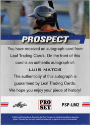 Leaf Pro Set Baseball 2022 Prospect Auto Card PSP-LM2 Luis Matos