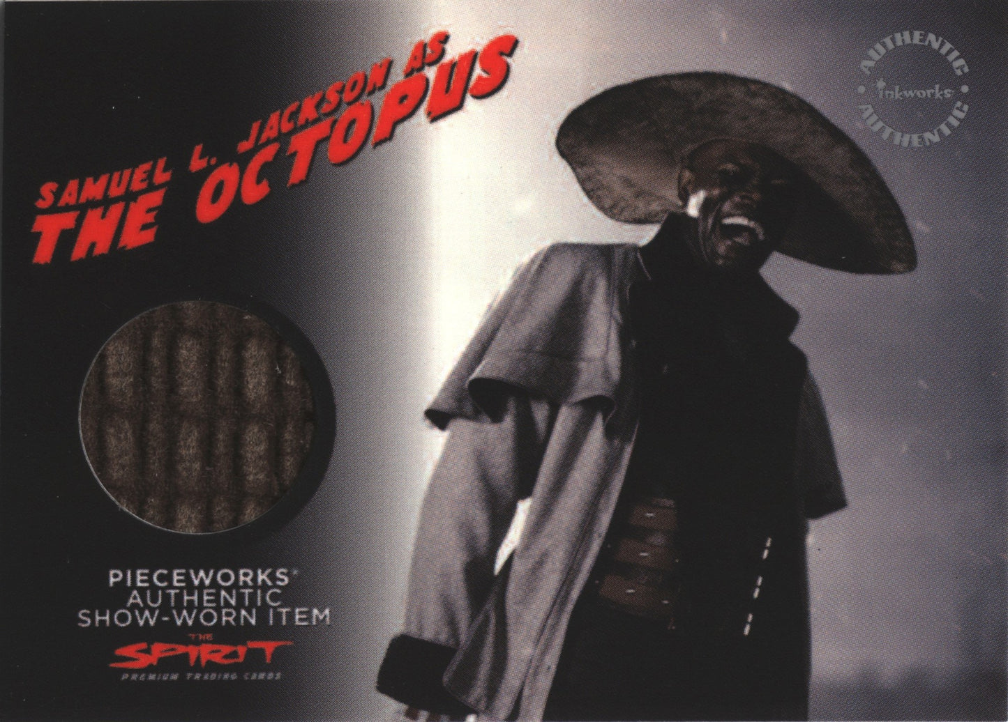 Display card for Samuel L. Jackson as 'The Octopus' with a costume and branding details.