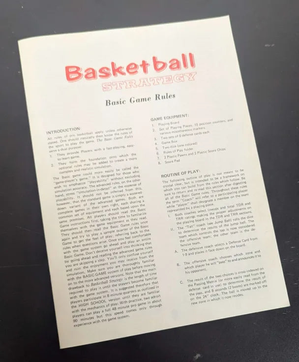 1974 Avalon Hill Basketball Strategy Board Game (Used)