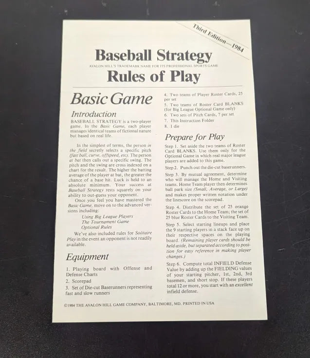 1980 Avalon Hill Baseball Strategy Board Game (Used)