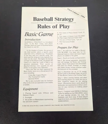 1980 Avalon Hill Baseball Strategy Board Game (Used)