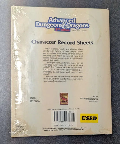 TSR Advanced Dungeons & Dragons 2nd Edition Character Record Sheets