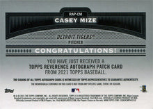 Topps Series Two Baseball 2021 Reverence Auto Patch Card RAP-CM Casey Mize 3/5