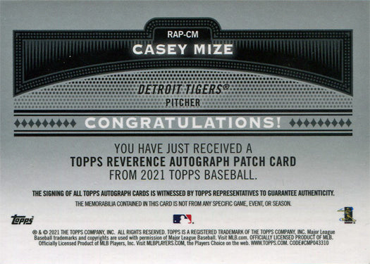 Topps Series Two Baseball 2021 Reverence Auto Patch Card RAP-CM Casey Mize 3/5