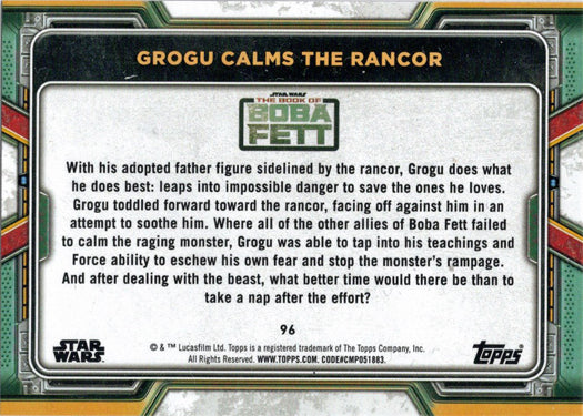 Topps 2022 Star Wars Boba Fett Purple Parallel Card 96 "Grogu Calms The Rancor"