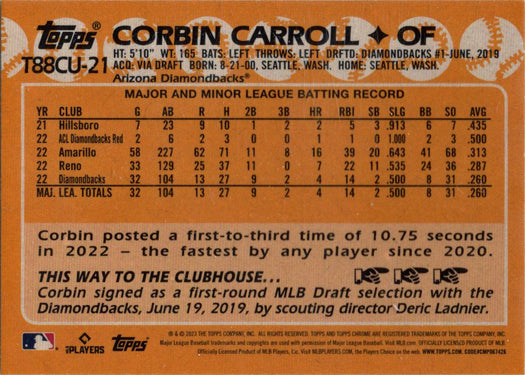 Topps Update Baseball 2023 Chrome Silver Card T88CU-21 Corbin Carroll