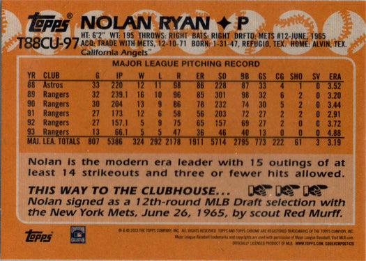 Topps Update Baseball 2023 Chrome Silver Card T88CU-97 Nolan Ryan