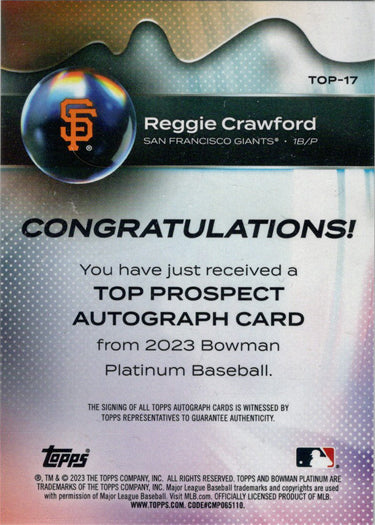 Bowman Platinum Baseball 2023 Top Prospect Auto Card TOP-17 Reggie Crawford