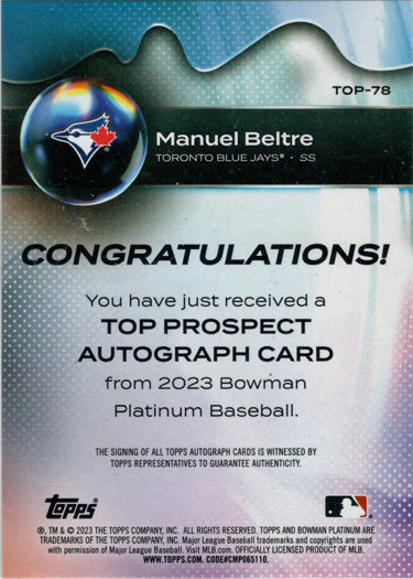 Bowman Platinum Baseball 2023 Top Prospect Auto Card TOP-78 Manuel Beltre