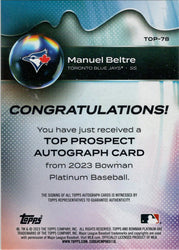 Bowman Platinum Baseball 2023 Top Prospect Auto Card TOP-78 Manuel Beltre