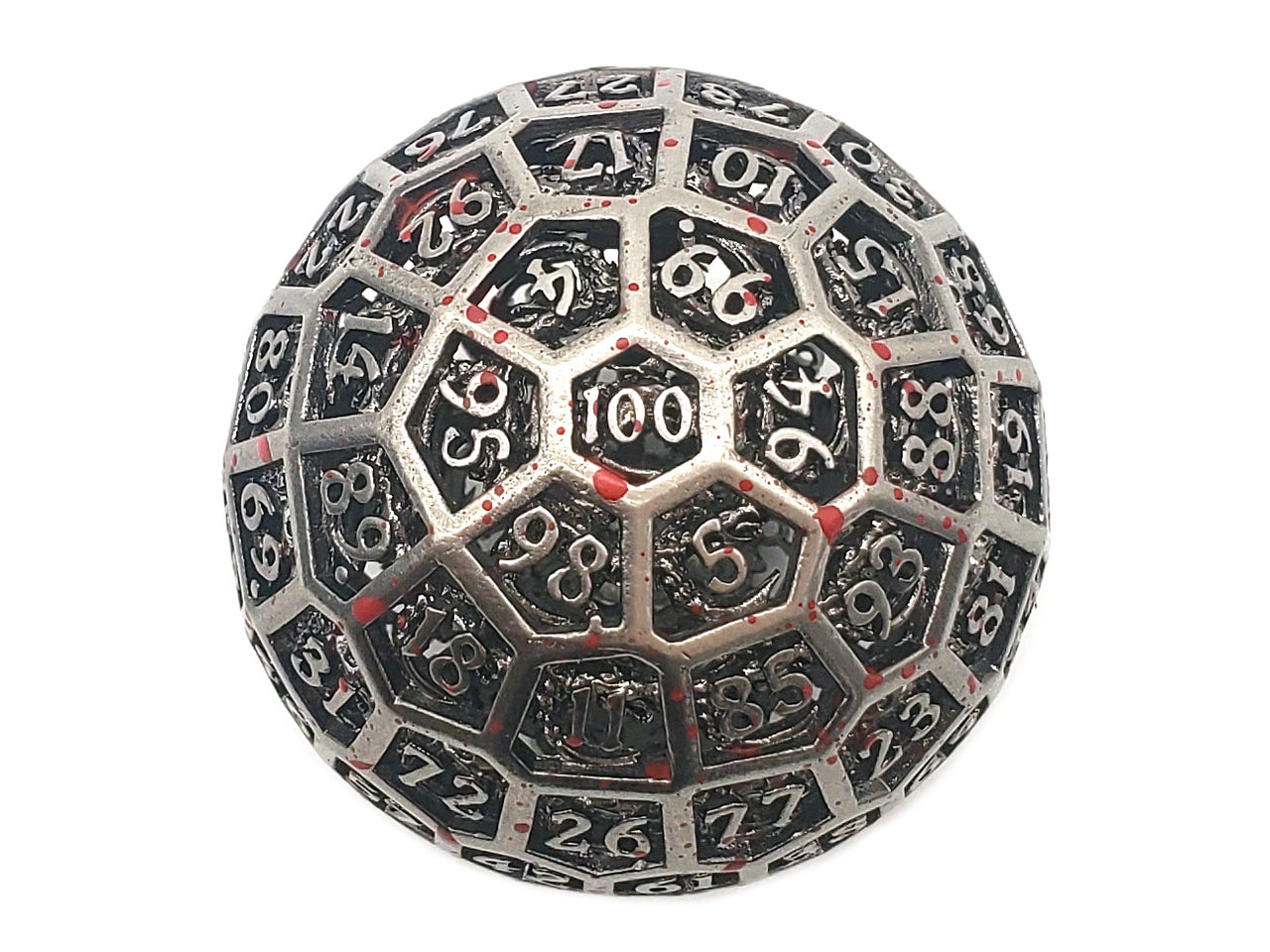 Old School Dice Hollow Metal 50mm D100 - Dragon's Head - Ancient Silver w/ Blood