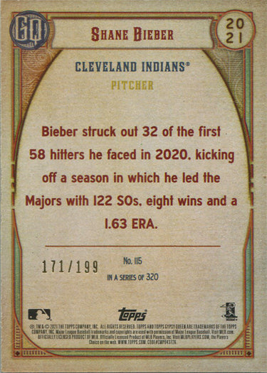 Topps Gypsy Queen Baseball 2021 Turquoise Parallel Card 115 Shane Bieber 171/199