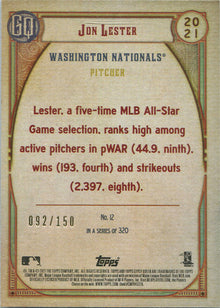 Topps Gypsy Queen Baseball 2021 Blue Parallel Card 12 Jon Lester 092/150