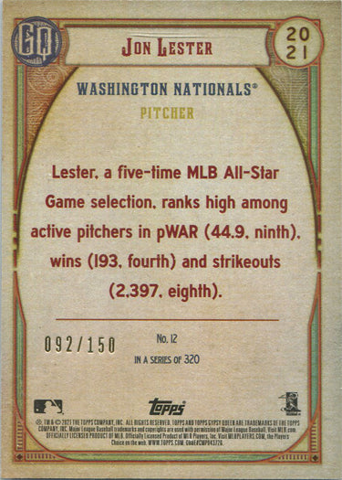 Topps Gypsy Queen Baseball 2021 Blue Parallel Card 12 Jon Lester 092/150