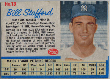 Post Cereal Baseball 1962 Base Card 13 Bill Stafford