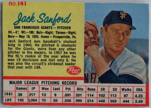 Post Cereal Baseball 1962 Base Card 141 Jack Sanford