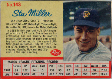 Post Cereal Baseball 1962 Base Card 143 Stu Miller