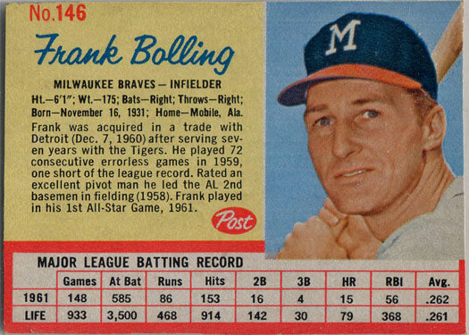 Post Cereal Baseball 1962 Base Card 146 Frank Bolling