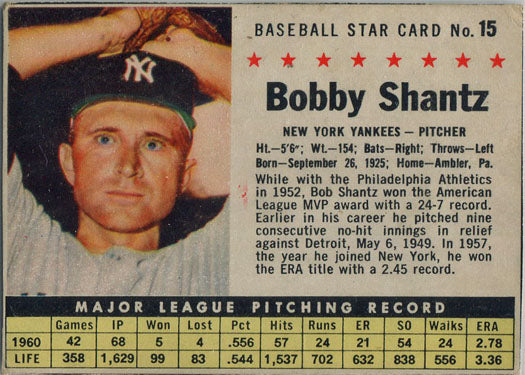 Post Cereal Baseball 1961 Base Card 15 Bobby Shantz