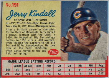 Post Cereal Baseball 1962 Base Card 191 Jerry Kindall