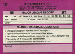 Classic Baseball 1989 Base Card 193 Ken Griffey Jr.