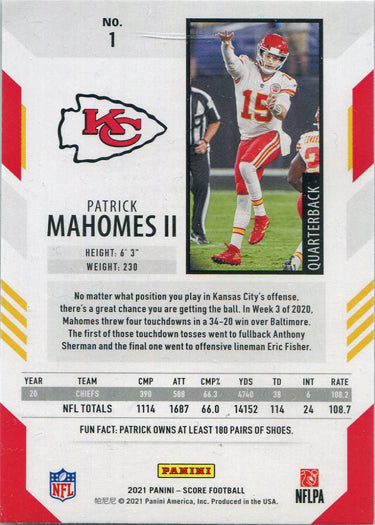 Panini Score Football 2021 Base Card 1 Patrick Mahomes II