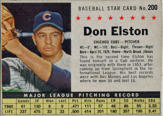 Post Cereal Baseball 1961 Base Card 200 Don Elston