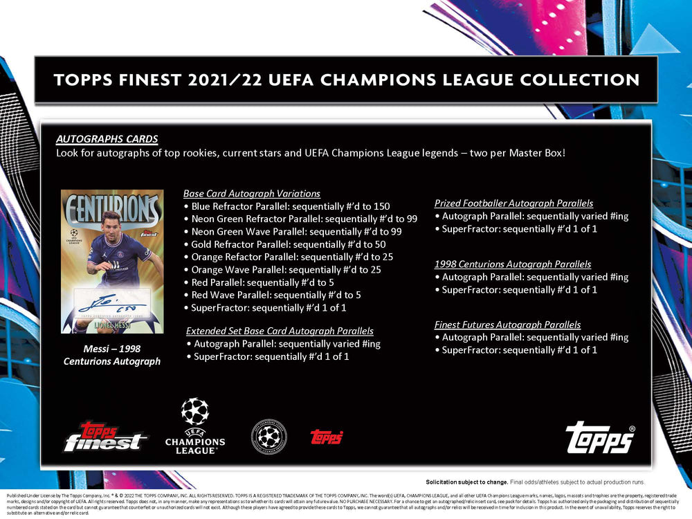 Topps 2021-22 Finest UEFA Champions League Soccer Full Case of 8 Hobby Master Box