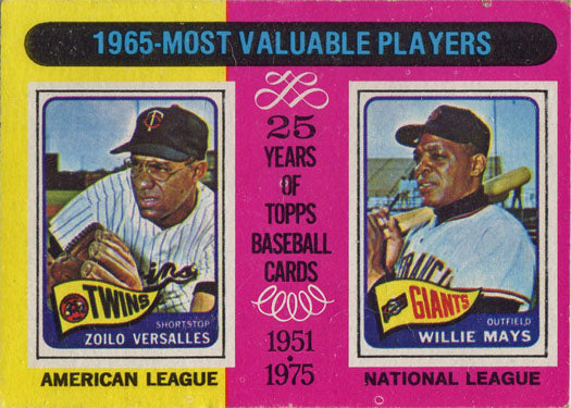 Topps 1975 Base Card 203 MVPs - 1965 Zoilo Versalles/Willie Mays
