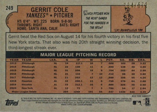 Topps Heritage Baseball 2021 Chrome Refractor Card 249 Gerrit Cole 134/572