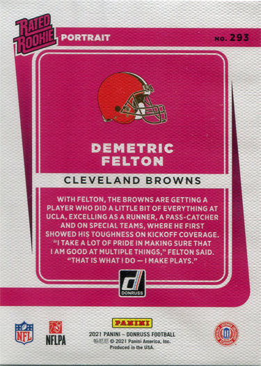 Panini Donruss Football 2021 Rated Rookie Portrait Card 293 Demetric Felton