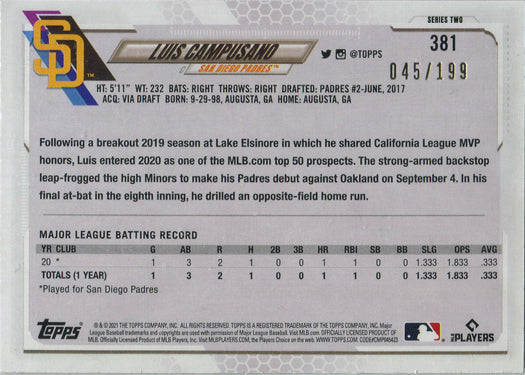 Topps Series Two Baseball 2021 Red Ice Parallel Card 381 Luis Campusano 045/199