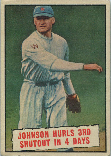 Topps Baseball 1961 Base Card 409 Baseball Thrills: Johnson Hurls 3rd Shutout…