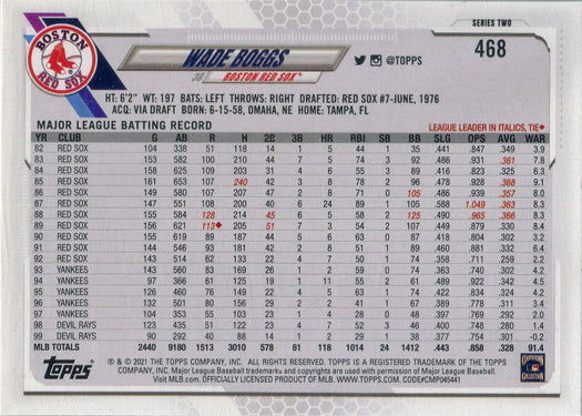 Topps Series Two Baseball 2021 Photo Variation Short Print Card 468 Wade Boggs