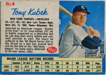Post Cereal Baseball 1962 Base Card 4 Tony Kubek