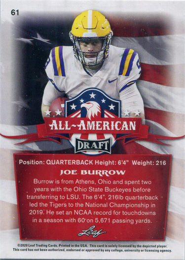 Leaf Draft Football 2020 All-American Gold Base Card 61 Joe Burrow