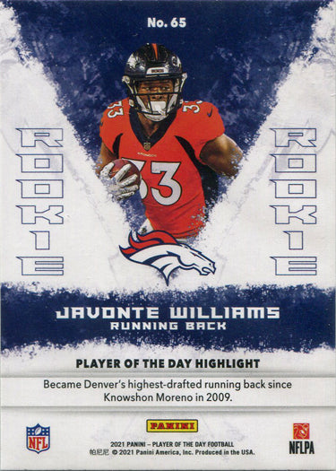 Panini Player Of The Day Football 2021 Base Card 65 Javonte Williams