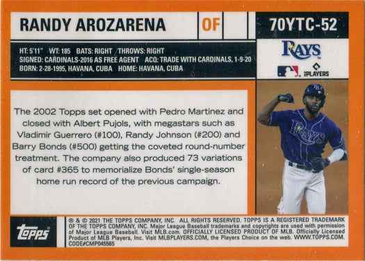 Topps Series Two Baseball 2021 Chrome 70 Years Card 70YTC-52 Randy Arozarena