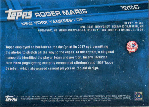 Topps Series Two Baseball 2021 Chrome 70 Years Card 70YTC-67 Roger Maris