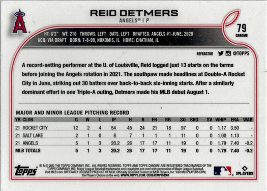 Topps Chrome Baseball 2022 Base Refractor Card 79 Reid Detmers