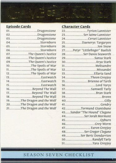 Game of Thrones Season 7 Gold Parallel 81 Base Chase Card 097/150 Checklist