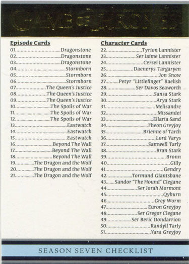 Game of Thrones Season 7 Gold Parallel 81 Base Chase Card 097/150 Checklist