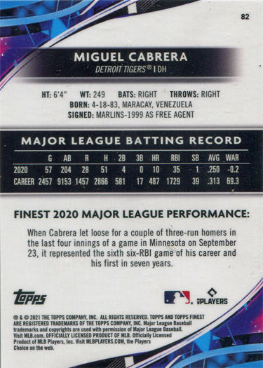 Topps Finest Baseball 2021 Orange Parallel Base Card 82 Miguel Cabrera 23/25