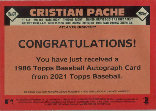 Topps Series One Baseball 2021 Autograph Card 86A-CPA Cristian Pache