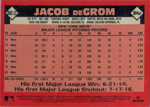 Topps Series One Baseball 2021 Chrome Silver Card 86BC-23 Jacob deGrom