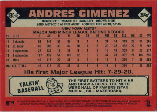 Topps Series One Baseball 2021 Chrome Silver Card 86BC-46 Andres Gimenez