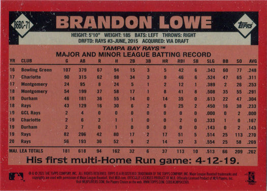 Topps Series One Baseball 2021 Chrome Silver Card 86BC-71 Brandon Lowe