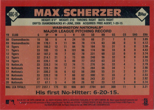 Topps Series One Baseball 2021 Chrome Silver Card 86BC-95 Max Scherzer